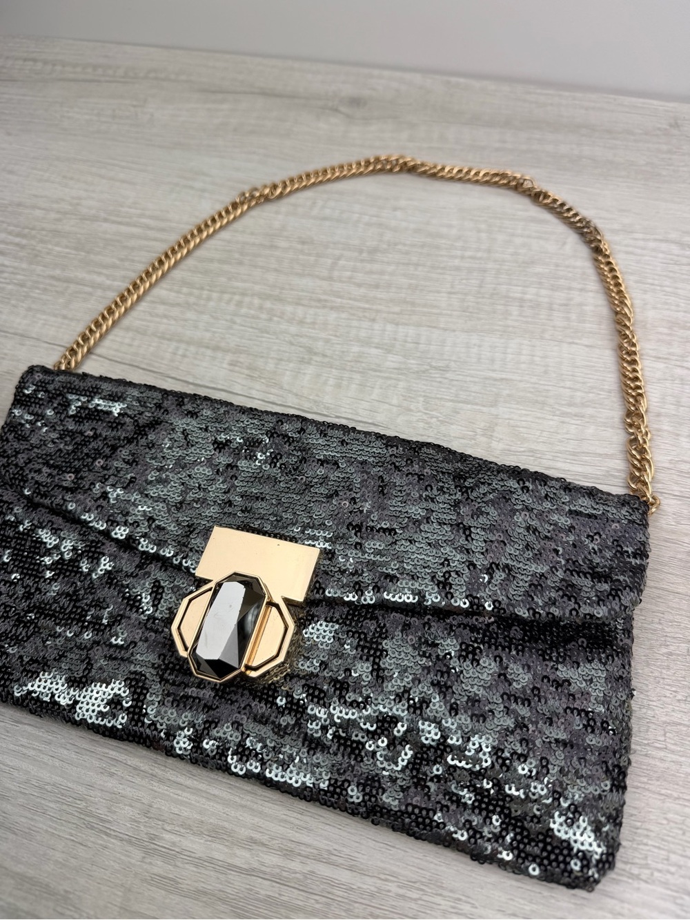 Deux Lux Sequin Shoulder Bag Black Silver Clutch Purse - Picture 3 of 15